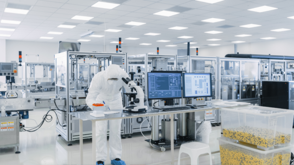 Worker in bunny suit looking into microscope.