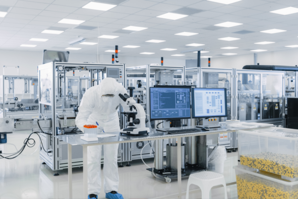 Worker in bunny suit looking into microscope.